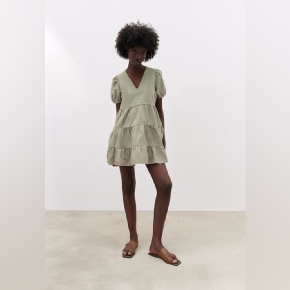 ZARA Green‎ Khaki Layered Linen Cotton Short Dress